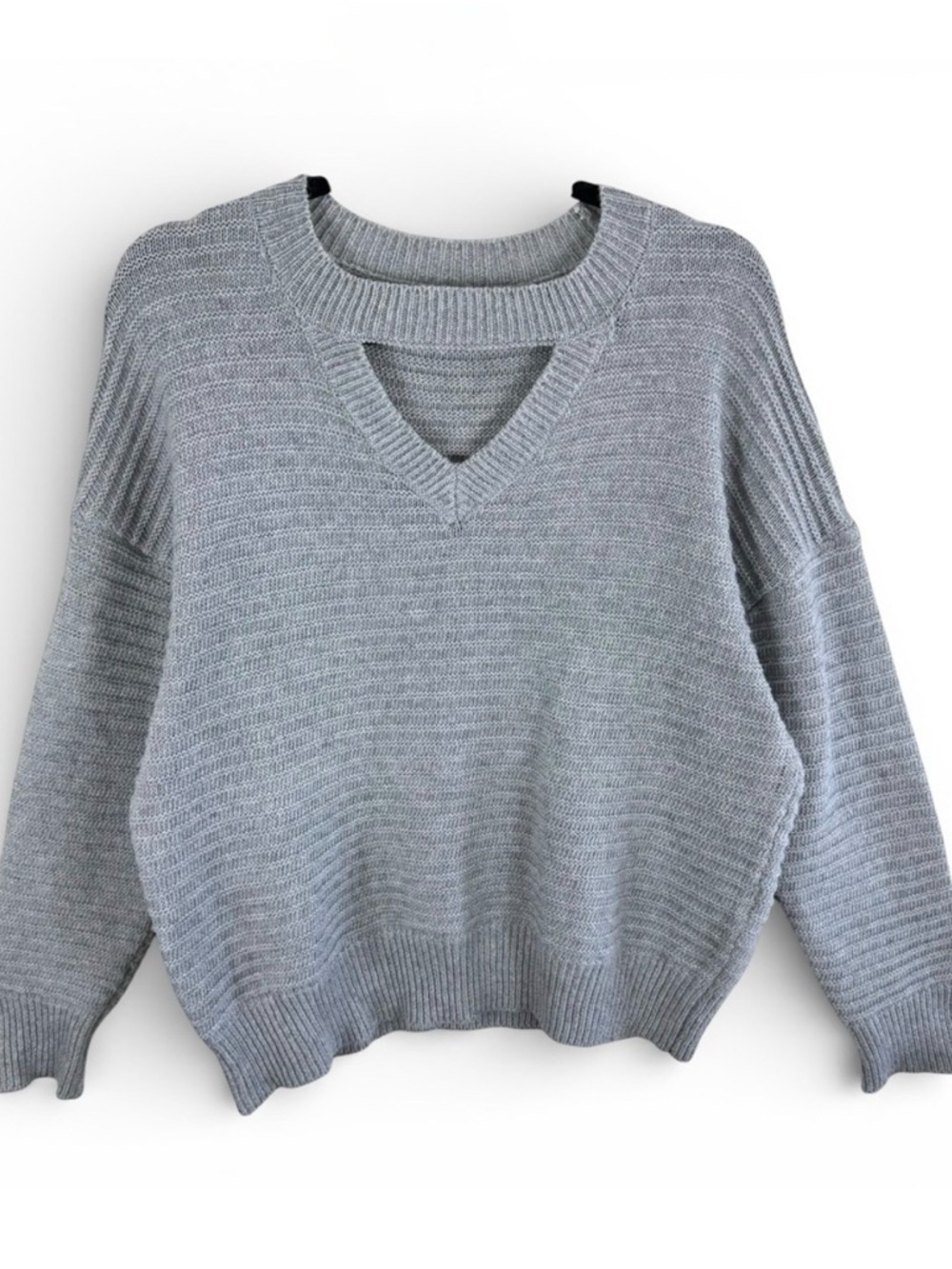 C+D+M Collection Grey Cutout Double Neckline Textured Knit Sweater Womens Medium